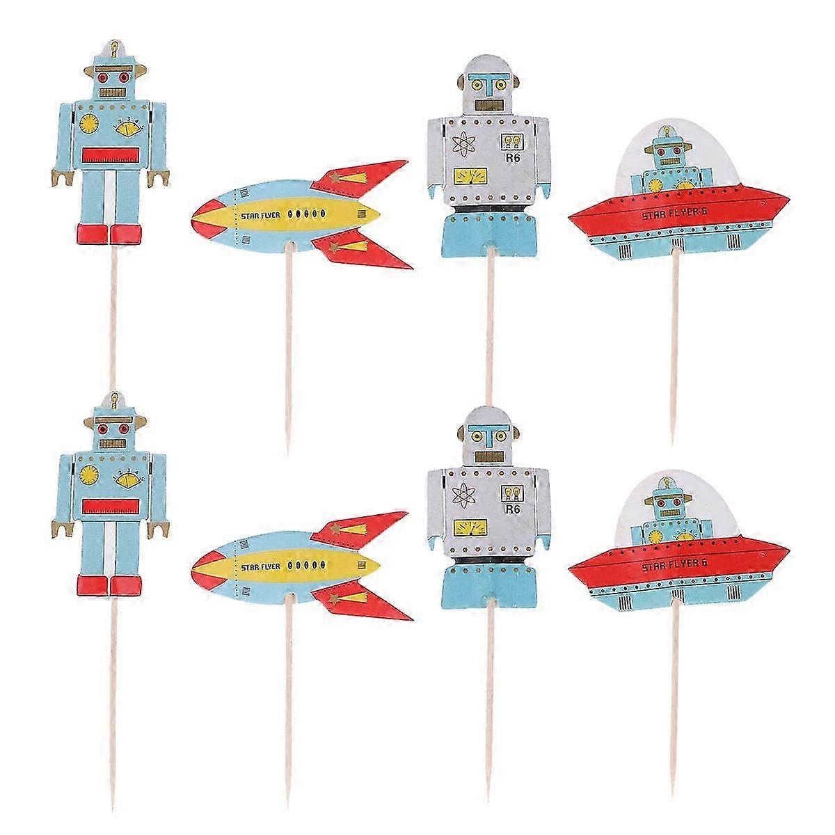 48PCS Child Party Use Practical Cake Toppers Spaceship Robot Theme Decor Use Cake Picks Fruit Picks