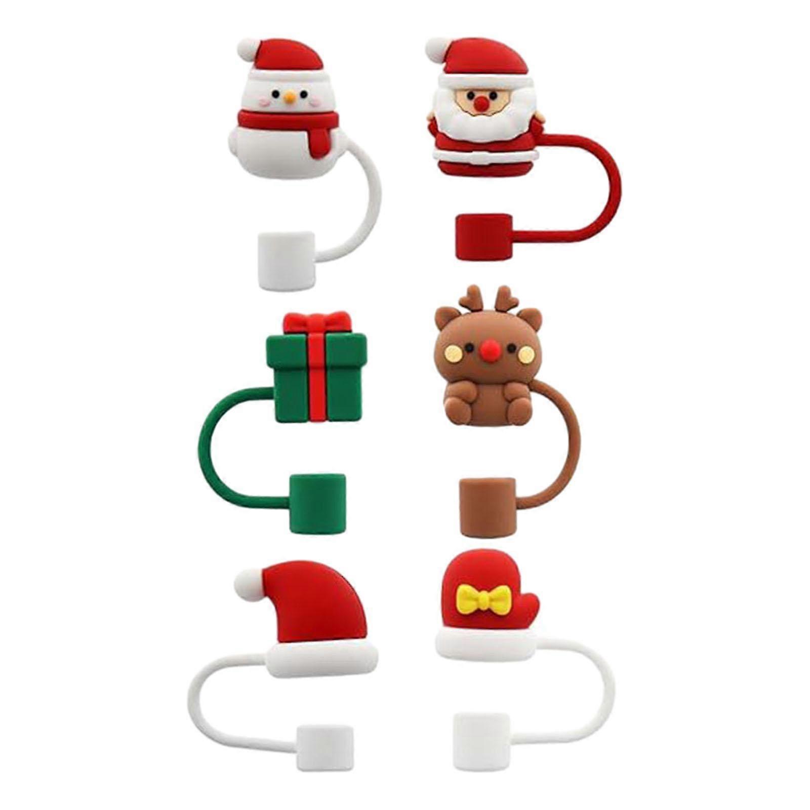 6Pcs Xmas Topper Straw Tips Cover, Soft Xmas Straw Topper Lid, Portable