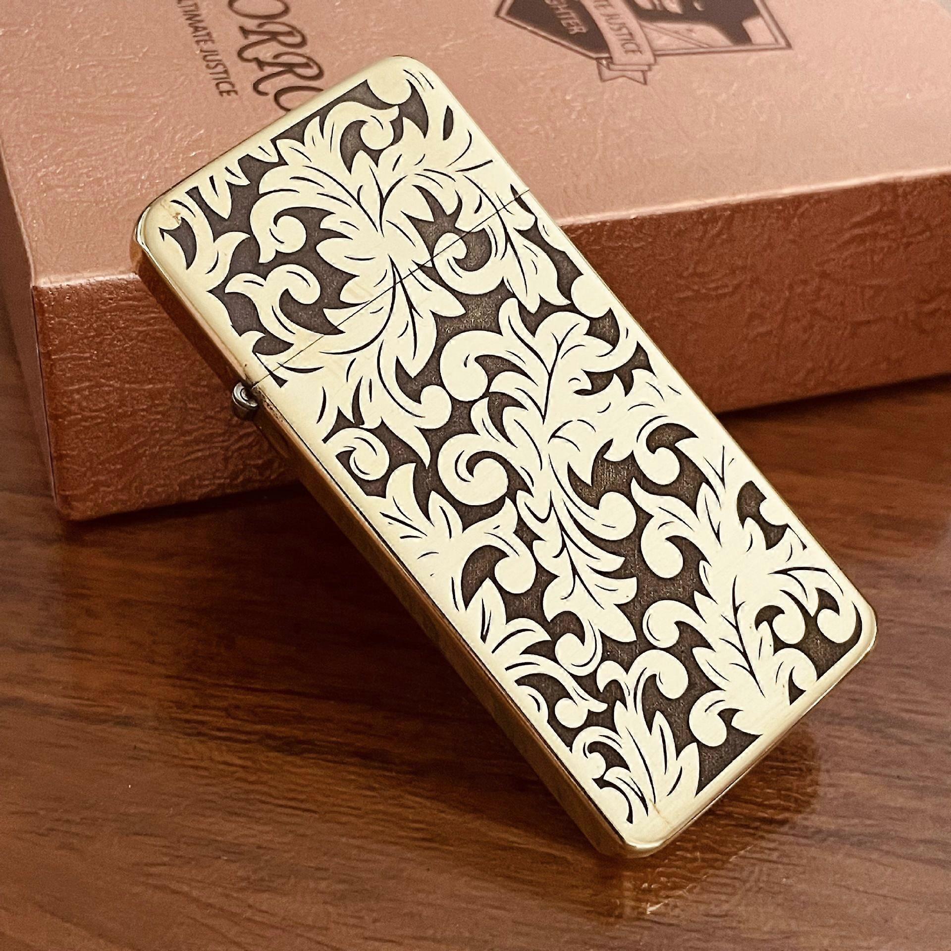 Brass Kerosene Windproof Lighter Personality Creative Ultra Thin Lighter Classic Kerosene Machine Deep Carving