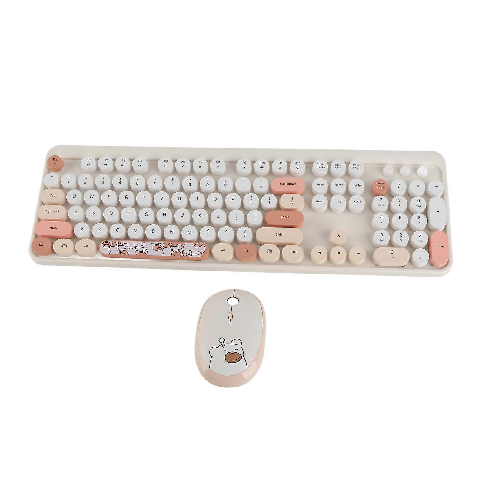 Wireless Keyboard and Mouse Combo Retro Round Keycap 1600 DPI for Windows Mac Beige