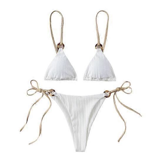 2 Pcs/Set Bikini Set Solid Color Spaghetti Strap Hoop Classic Women Swimsuit