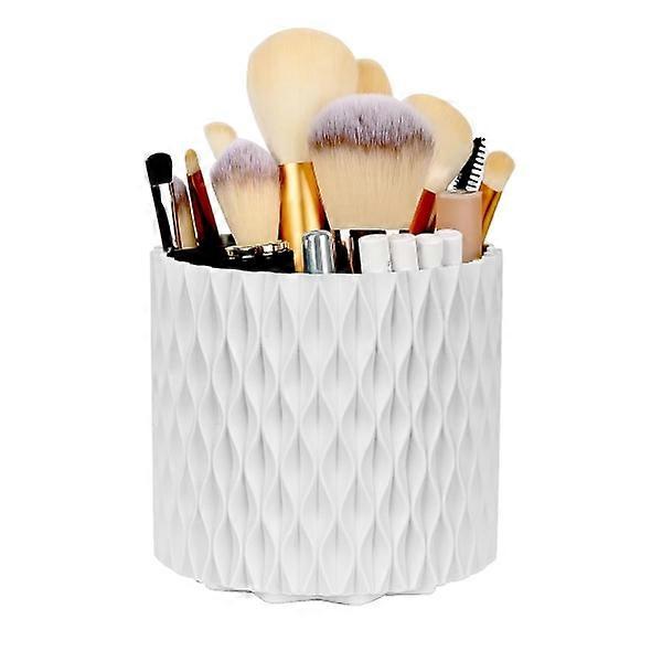 Makeup Organizer with Brush Holder, 360° Rotating, Large Capacity Storage Box - White