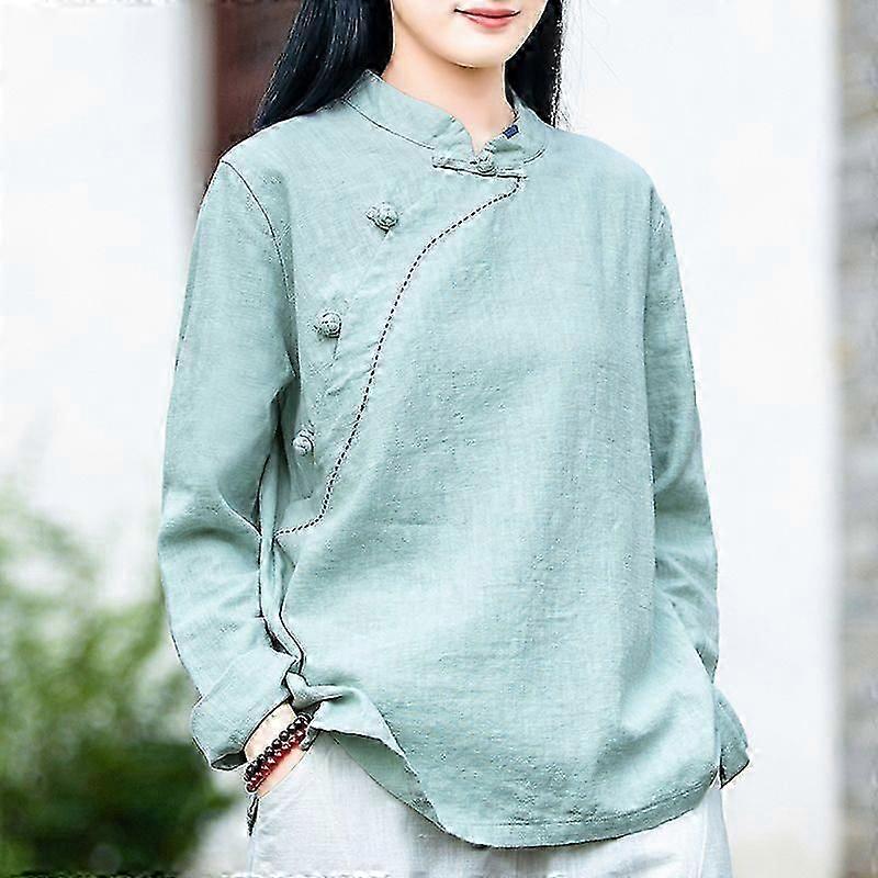 Camicia cinese retrò in cotone e lino a maniche lunghe con colletto alto e bottoni