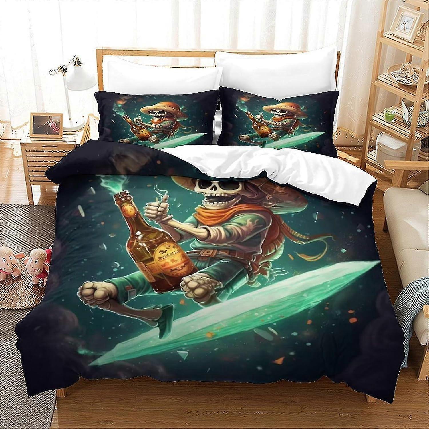 Conjunto de cama de homem esqueleto impresso em 3D com capa de edredom de microfibra estilo grafite romântico, conjunto de 3 peças