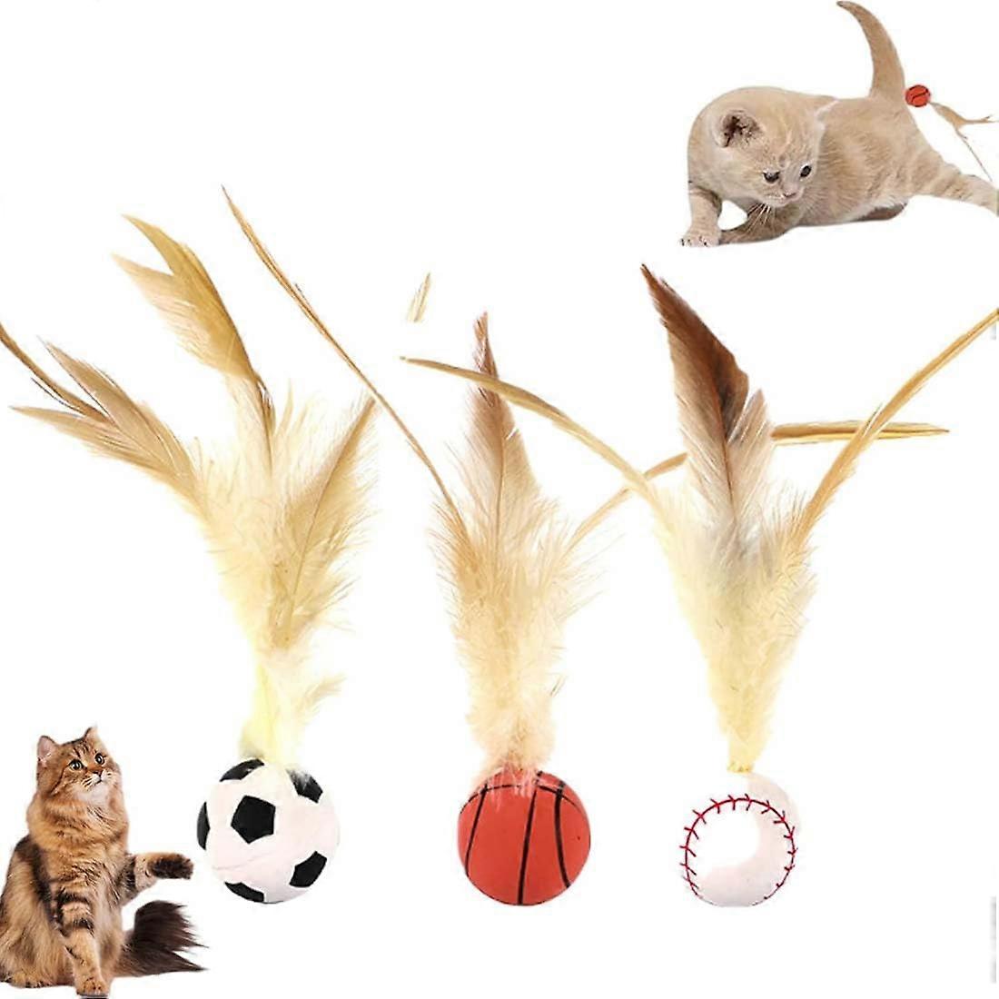 3 Piece Interactive Feather Ball Cat Toy Set, Bouncy Rubber Balls for Kittens, Colorful and Engaging Pounce Toys