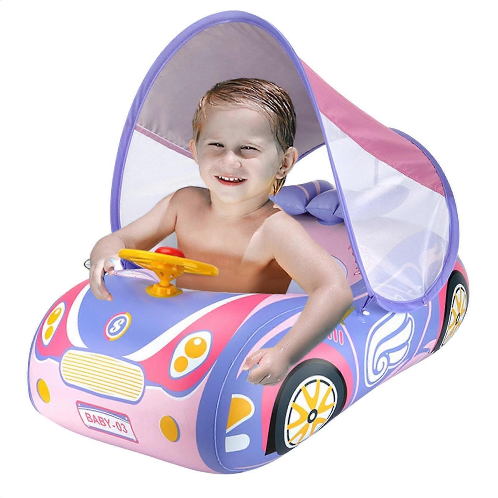 Toddler Pool Float - Wagon-Style Car Swim Ring With Steering Wheel, Pink, Portable Kids Pool Raft
