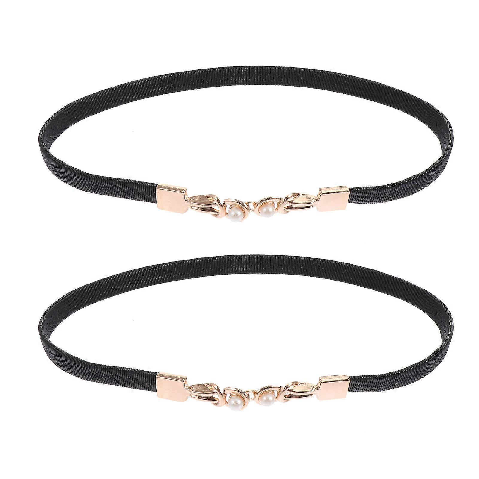 Black Alloy Elastic Waist Belts with Pearl Design for Women Fashionable Decorative Belts Fits Most