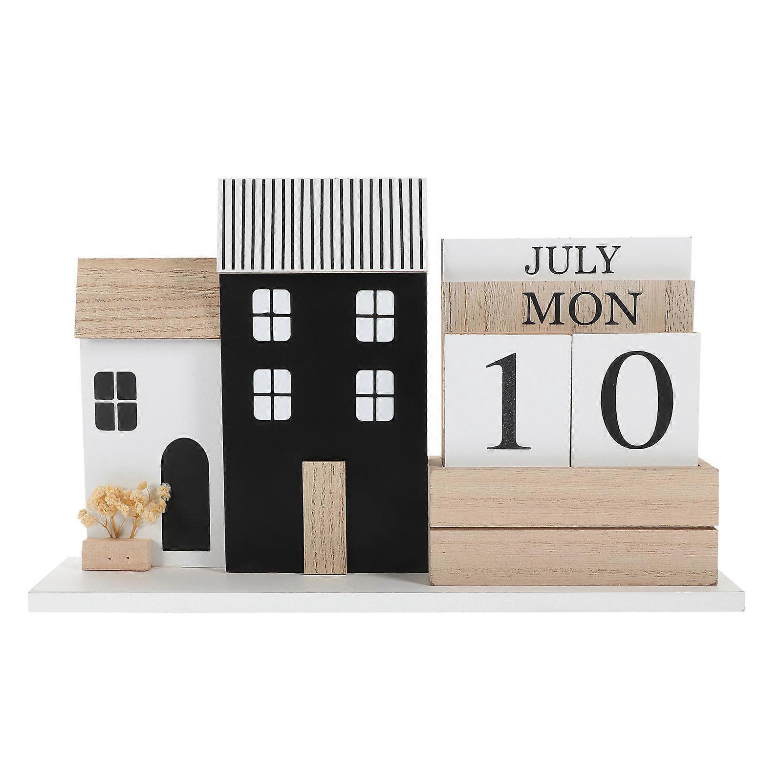 Perpetual Desk Calendar Wooden Date Display Office Accessory Multi Color Rectangular Shape Rustic Style 30.00X19.00X6.00CM 1Pcs