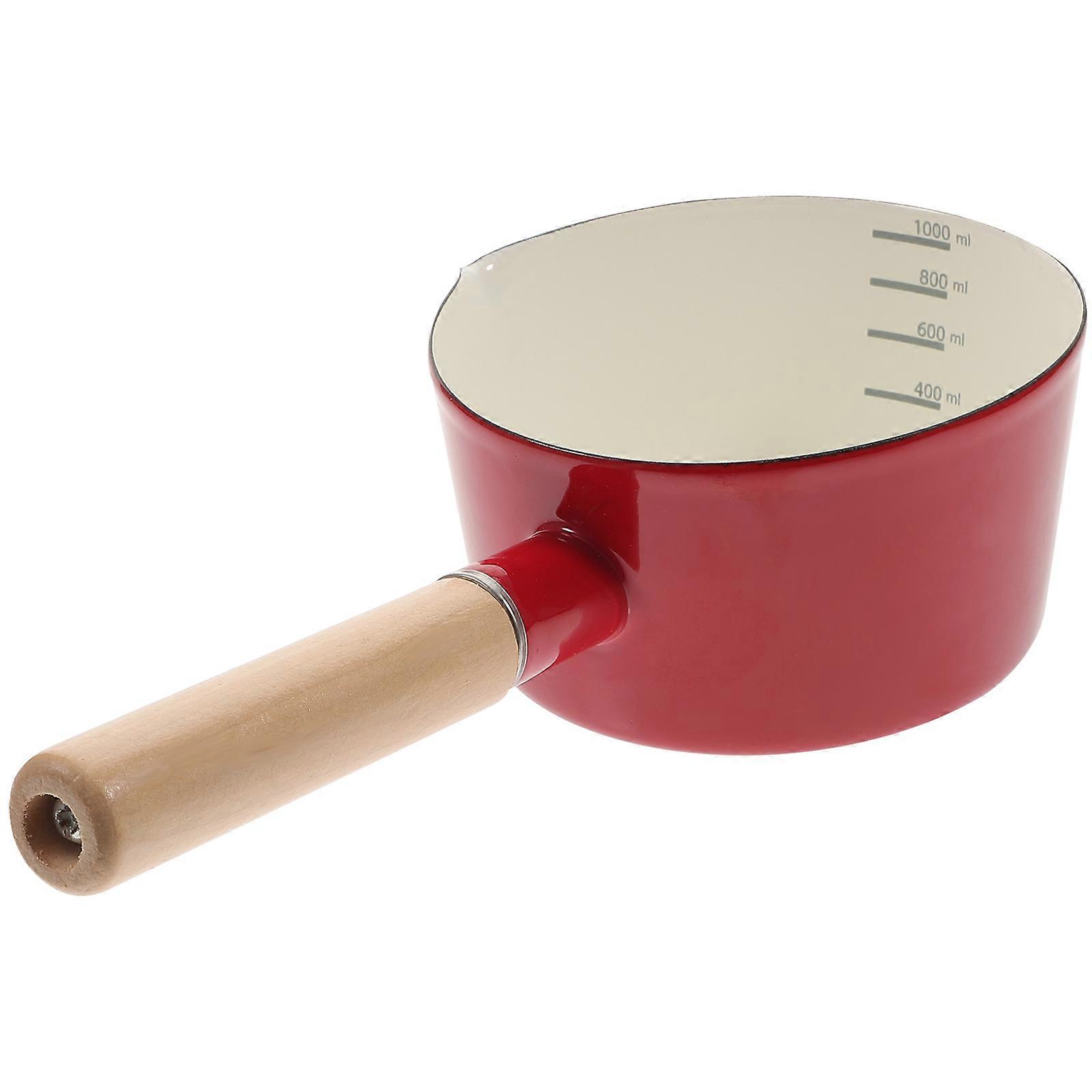 Red Enamel saucepan with Wood Handle for Cooking and Storage Small Pan Perfect for Milk and Sauces 6.3 Inches