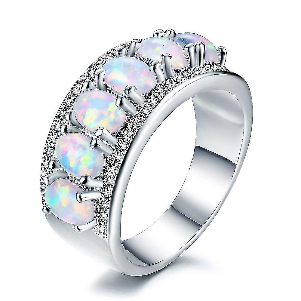 White Gold Plated Opal & Cubic Zirconia Ring