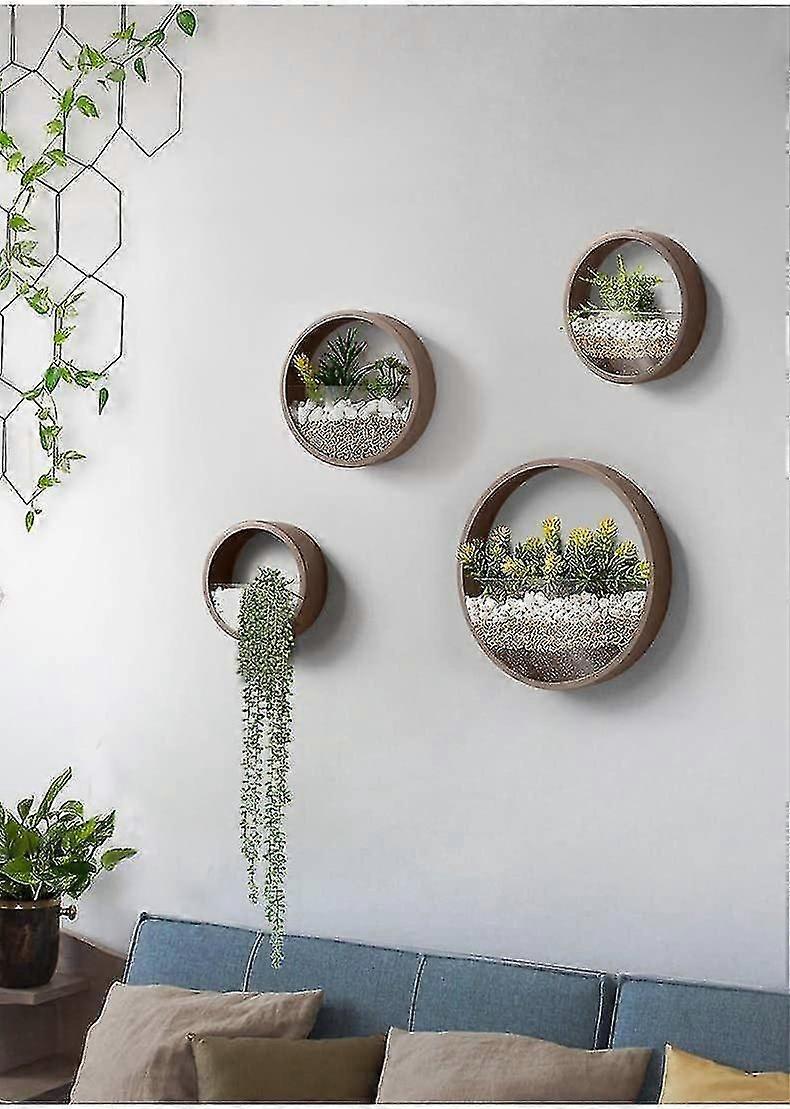 4ピースの壁プランターセット花瓶丸型金属壁プランターポットプランター屋内多肉植物用植木鉢壁装飾(茶色)-h
