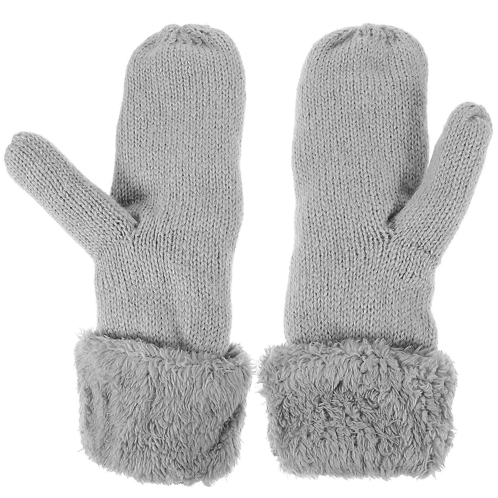 Travel Warm Gloves Knit Mittens Unisex Design Light Grey Warm Lining 1 Pair