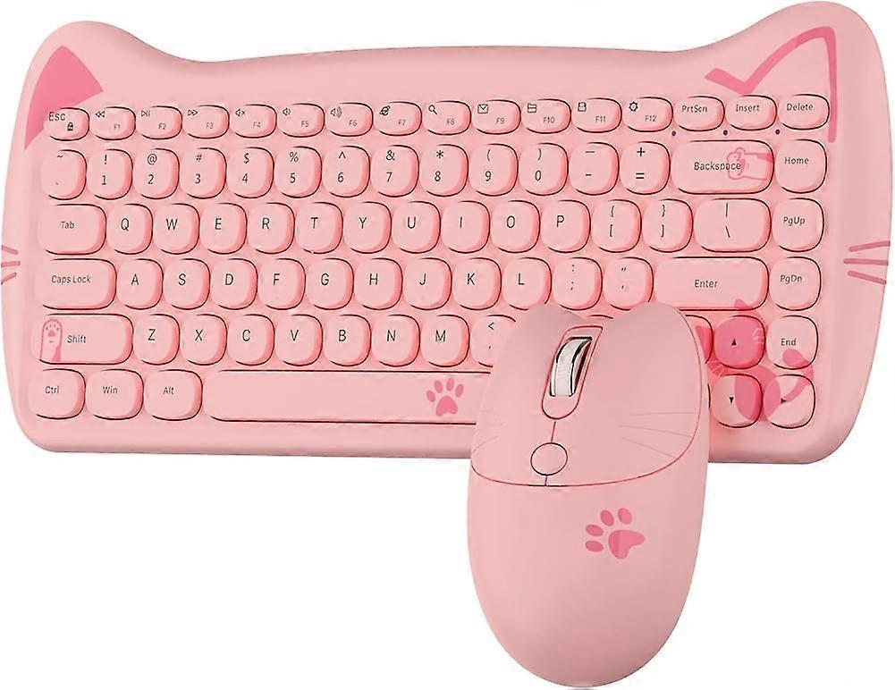 Cute Cat Pastel Pink Wireless Keyboard and Mouse Set, 84 Keys Retro Typewriter