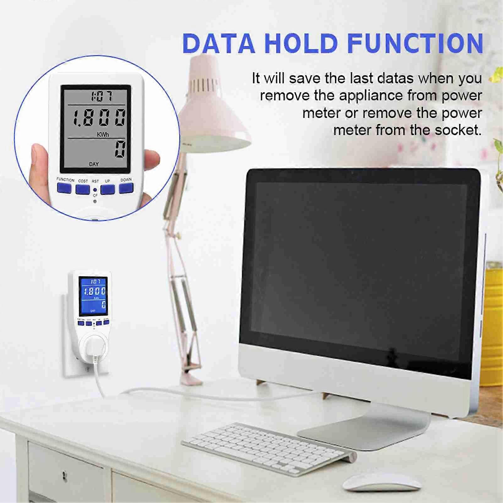 Plug Power Meter Energy Monitor 16x7x3cm Black Blue LCD Screen