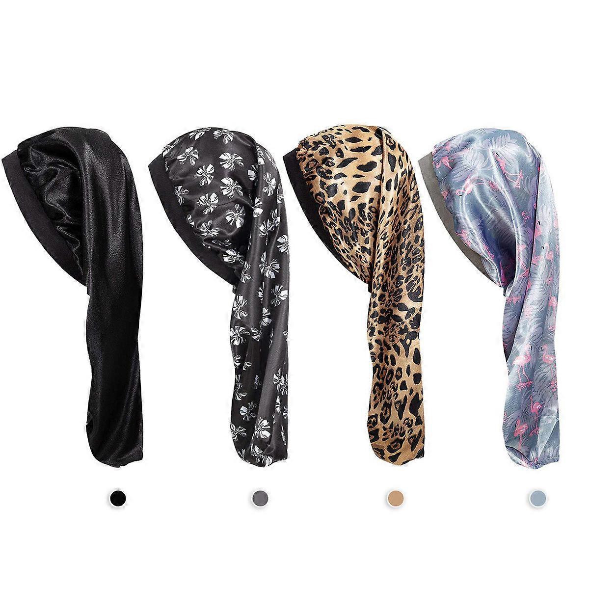 Satin Sleeping Cap Long for Hair Protection 4Pcs Assorted