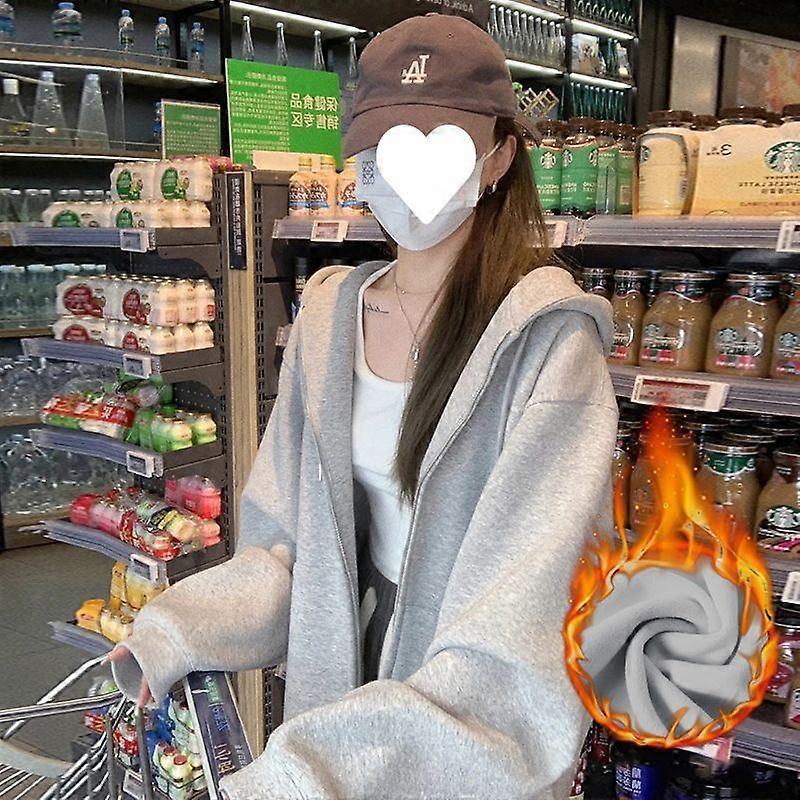 Kvinners grå hettejakke med glidelås med fleecefôr for høst / vinter