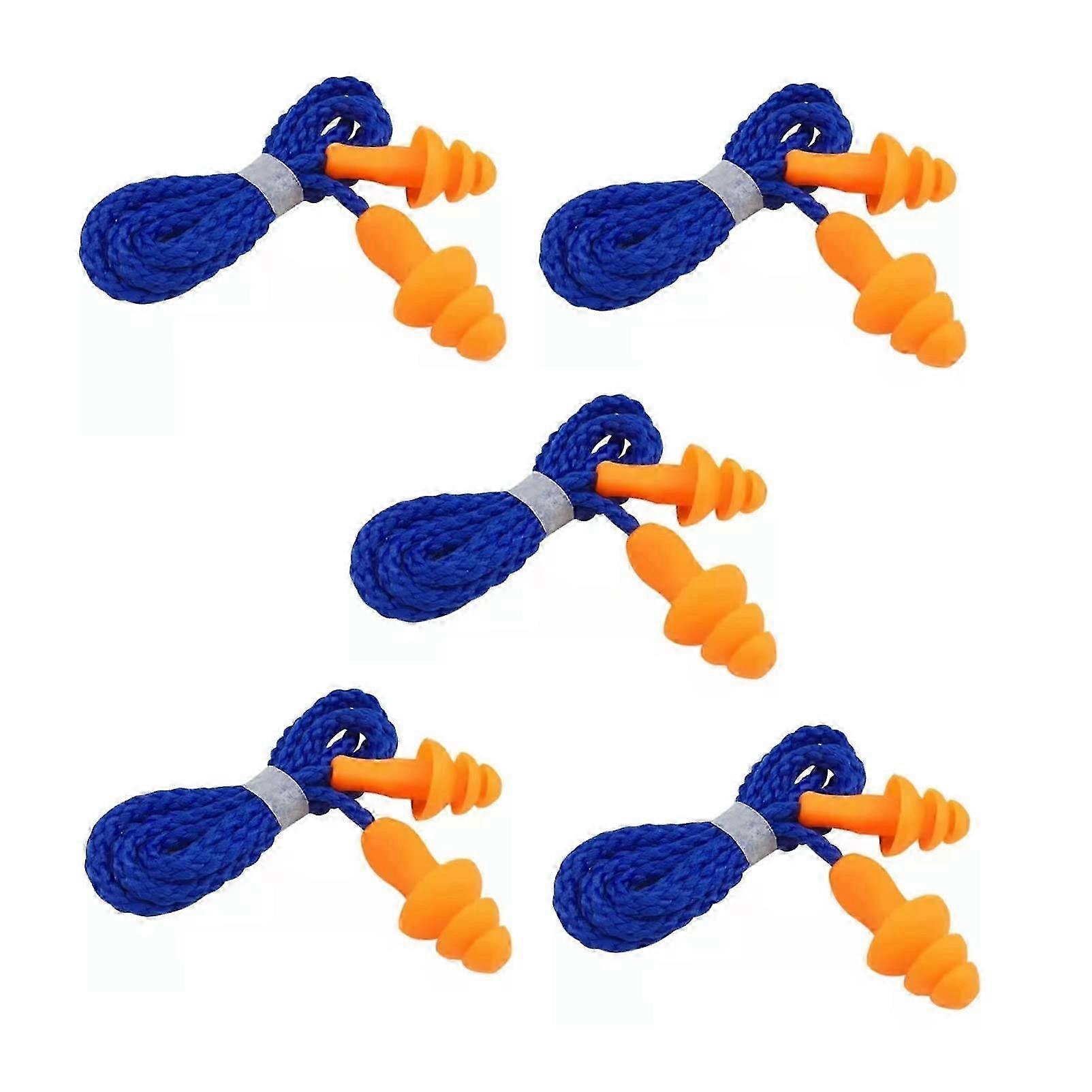 Corded Ear Plugs, 5 Pairs Reusable Silicone with String Band for Sleep Noise Cancelling Hearing Protection