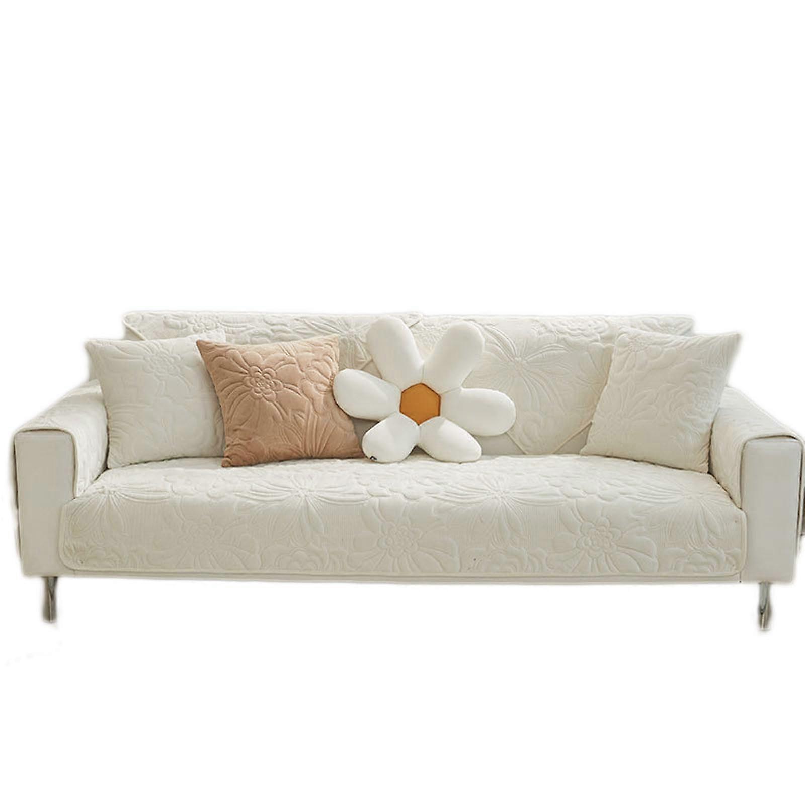 Sofa Cushion Plush Autumn And Winter Solid Color Crystal Velvet Quilted Non-Slip Off White 110x160cm