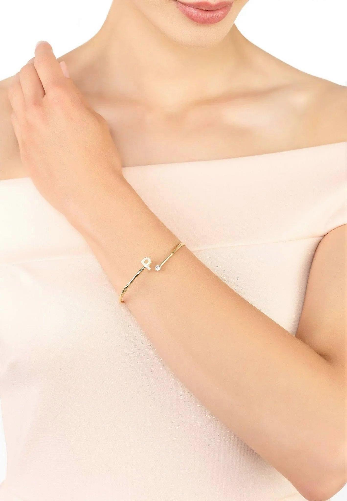 Latelita Women's 925 Sterling Silver Initial Bangle with 22ct Gold Dipped and White Cubic Zirconia - Gold