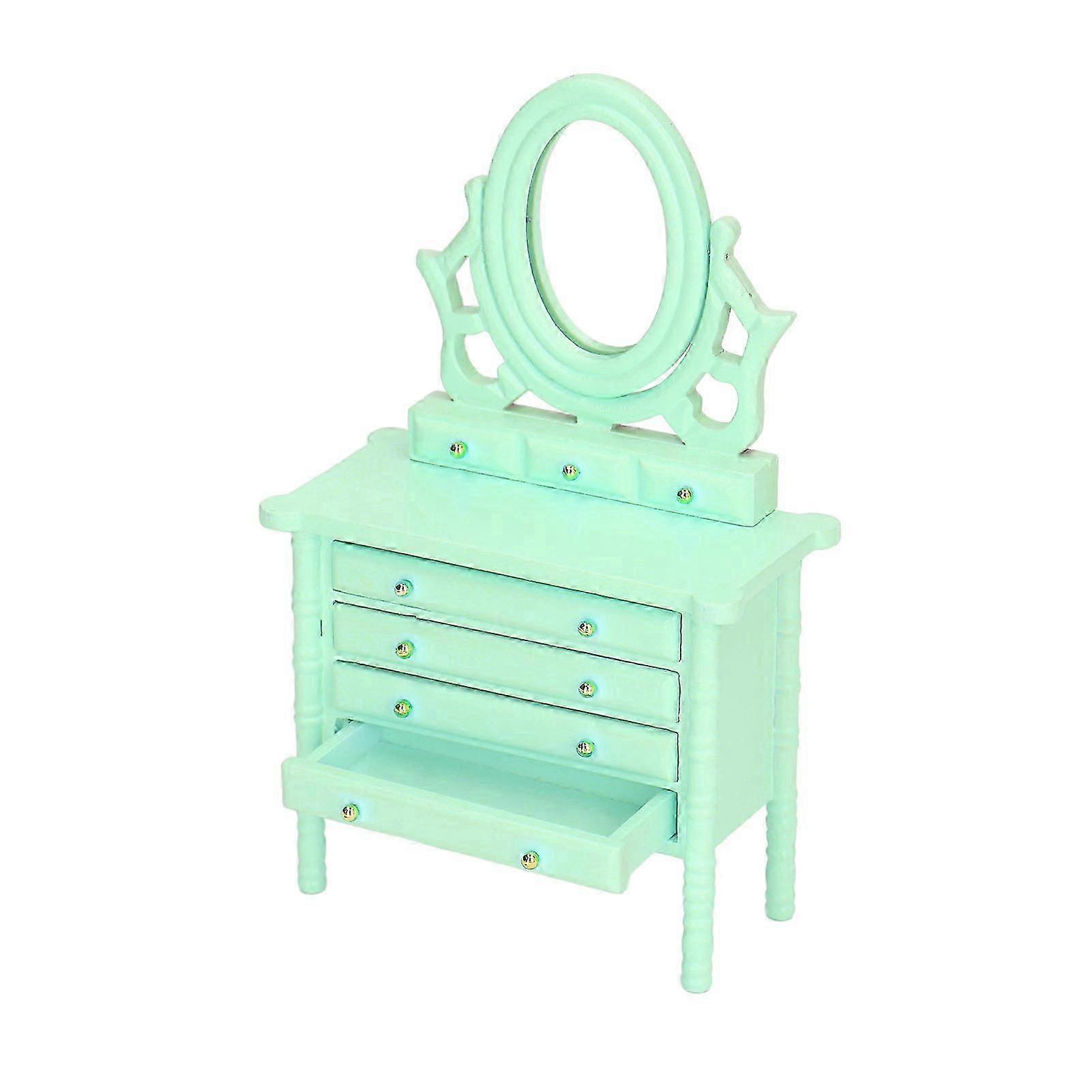 Dollhouse Toilet Table 1:12 Scale Miniature Wooden Dressing Table with Mirror Green High Simulation