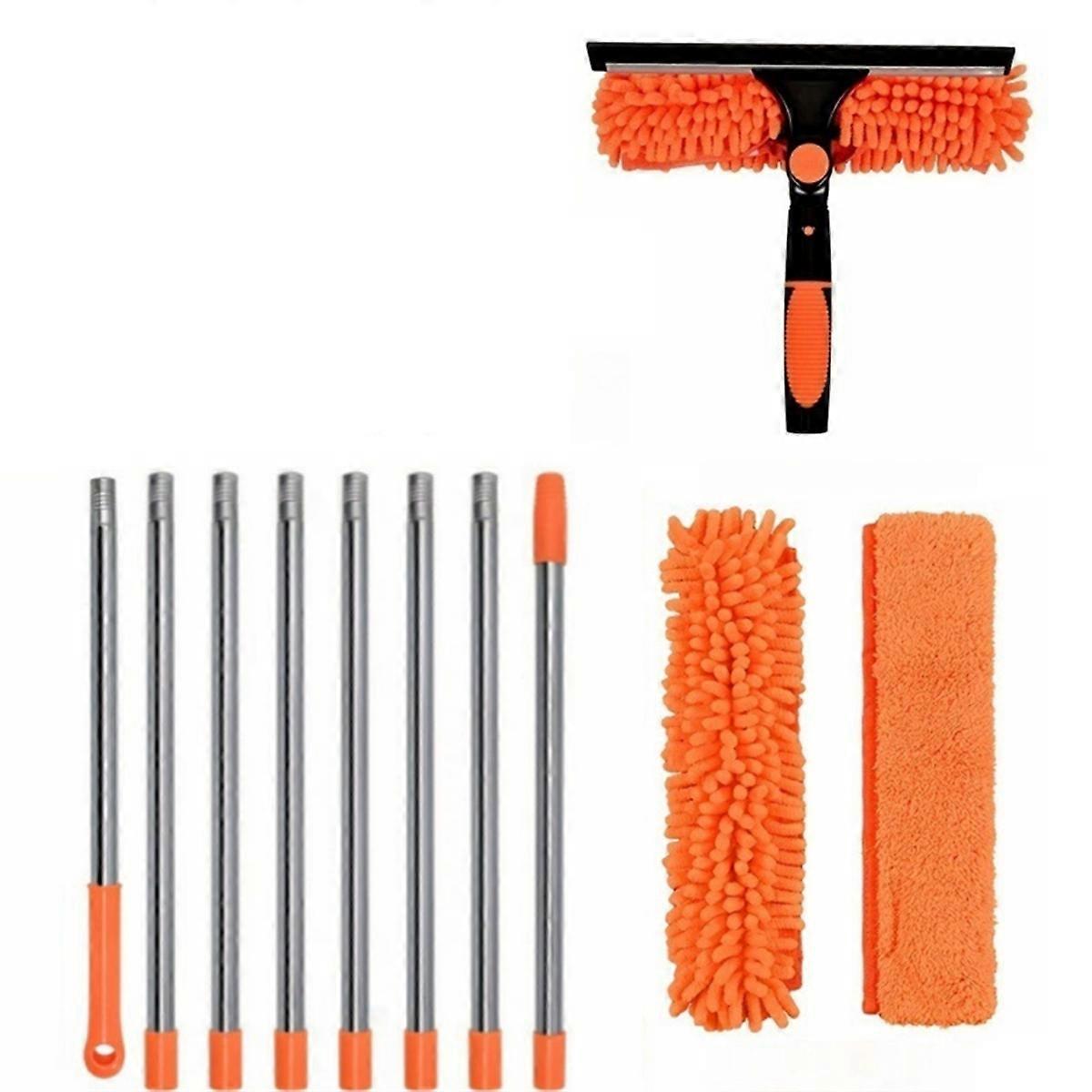 Extended Window Cleaning Kit 2 in 1 Double Sided Glass Squeegee Cleaner Duster Mop 180° Swivel Windo
