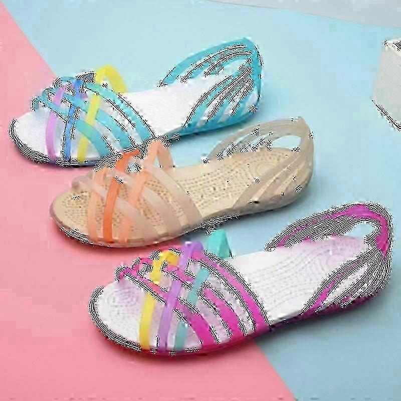2022 Summer Women"s Beach Flat Sandals Colorful Open Toe Jelly Cutout Flats