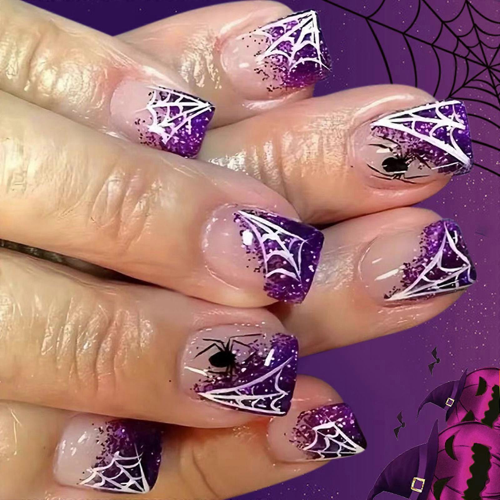 Cobweb Pattern Press On Nail Gold Spiderweb Design Halloween Party Nail Quick Application Set Multicolor