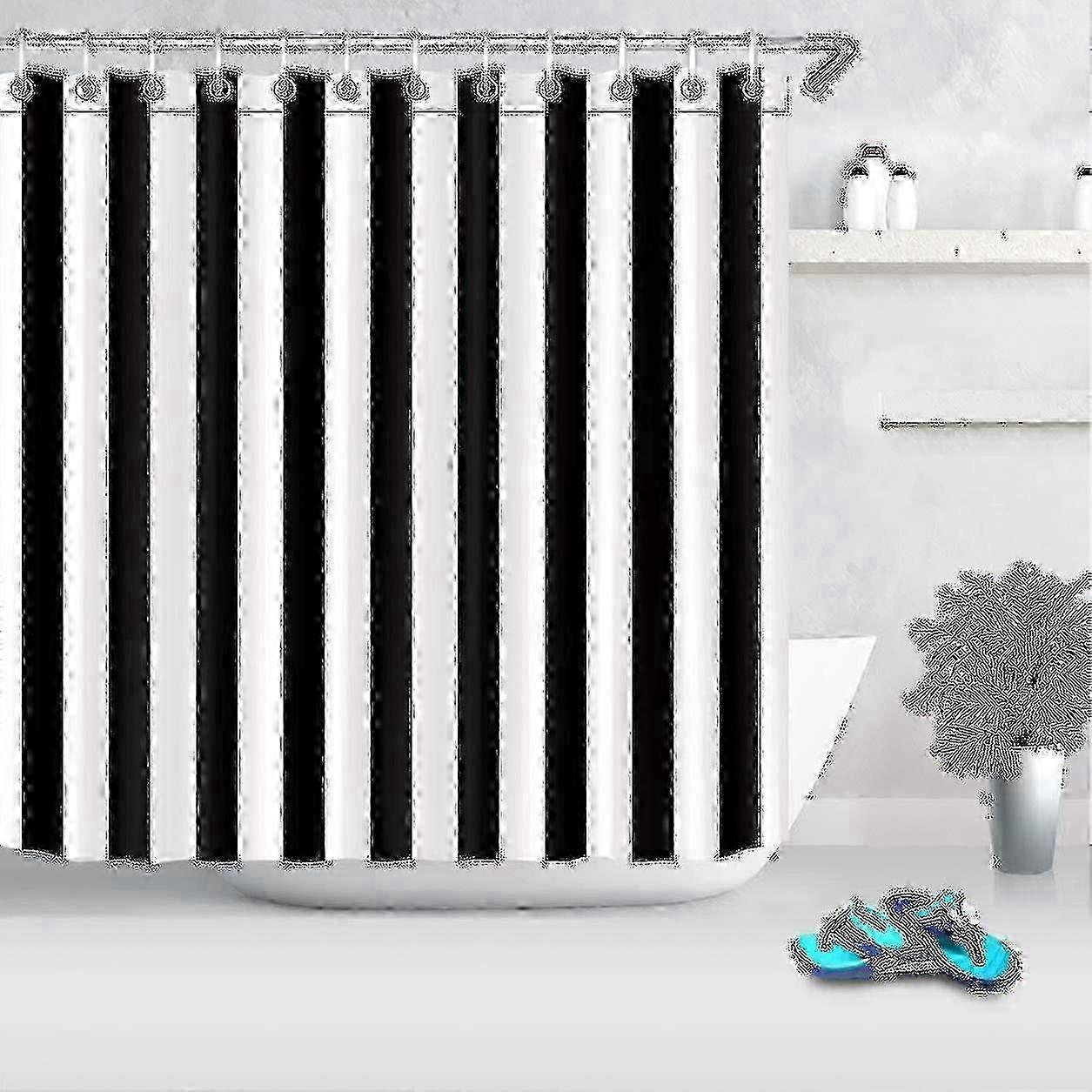 Black White Shower Curtain with Loop Hooks 180x180cm Waterproof Striped Polyester
