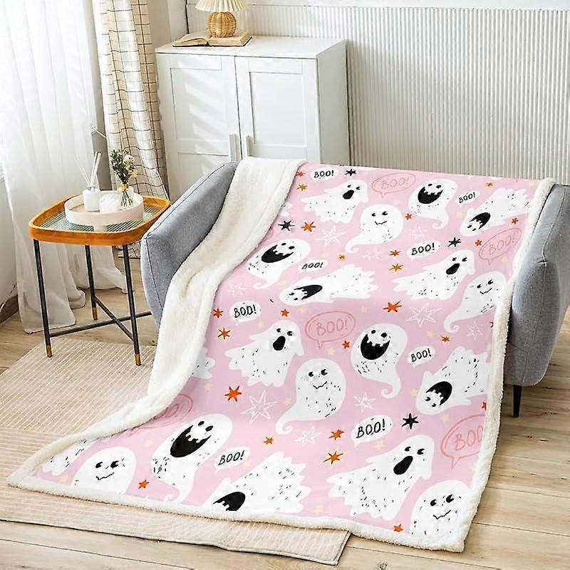 Halloween Sherpa Blanket 40x50" - Pumpkin, Cat, Bat Design, Fuzzy Couch Throw for Kids, Teal Blue