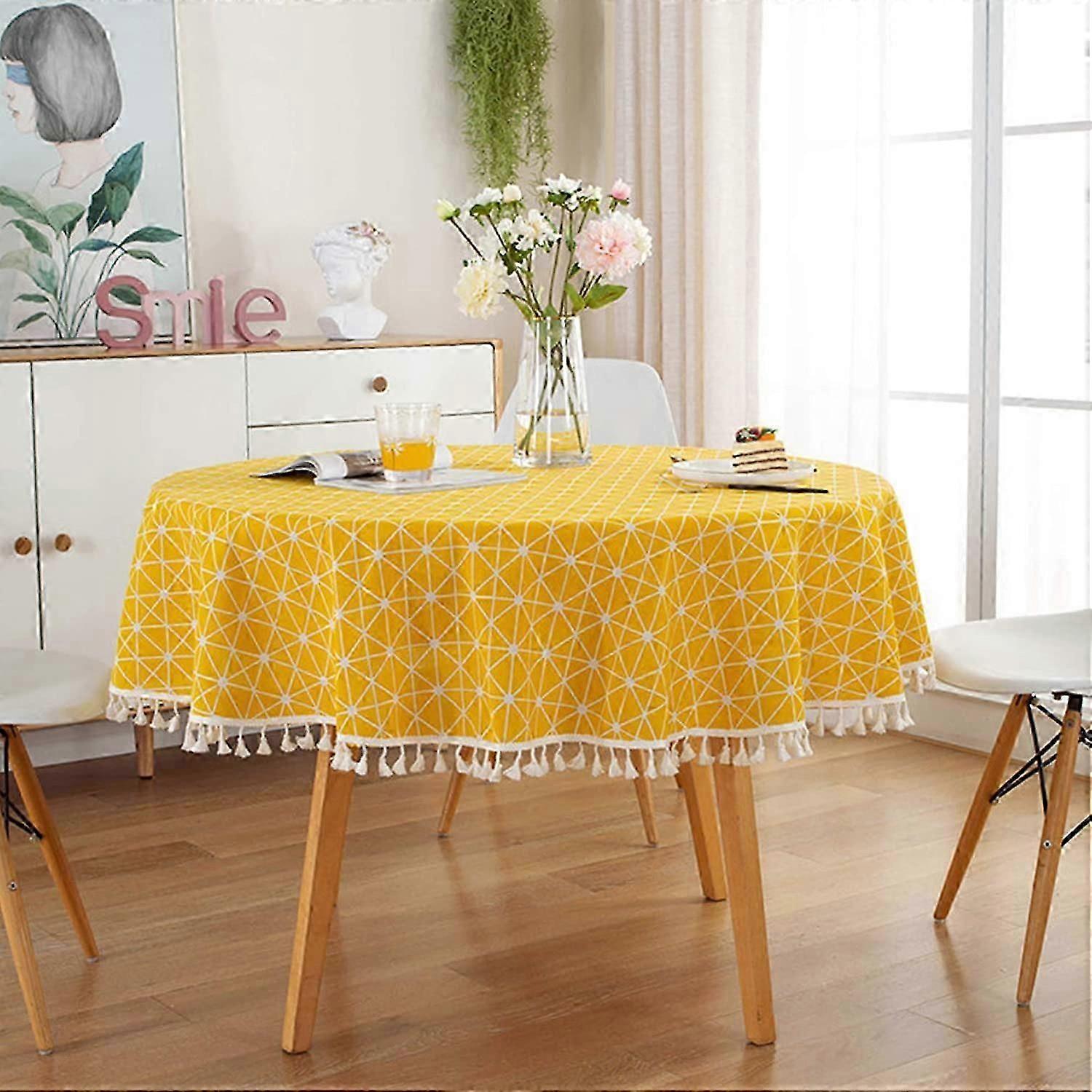 Round Tablecloth, Stripe Cotton Line Tassel Table Cover Nordic Twill Tablecloth Washable
