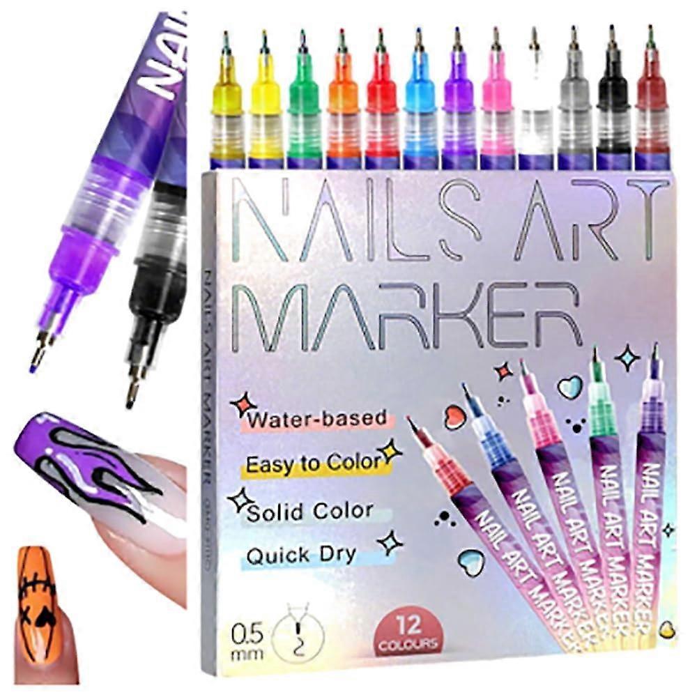 12 Colors Nail Art Pens Set with Fine Tip Markers for 3D Nail Painting and Salon DIY