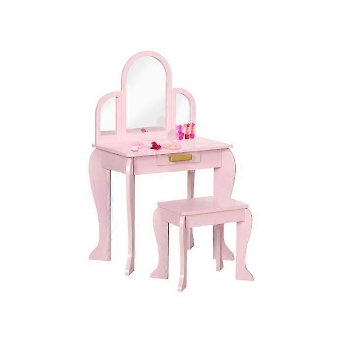 HOMCOM Kids Dressing Table Set, with Mirror and Drawer - Pink