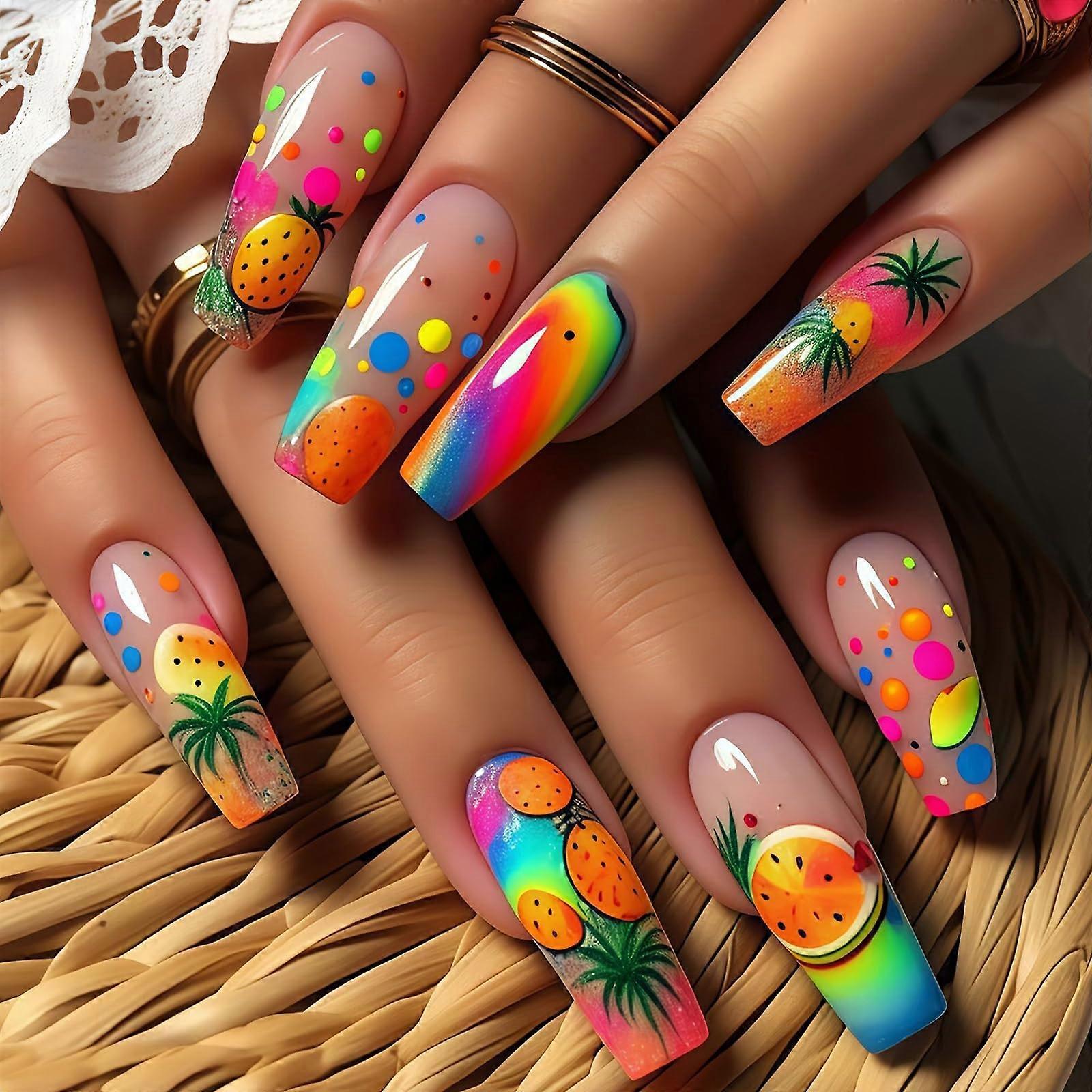 Press On Nails Medium Length Gradient Fake Acrylic Nails with Colorful Fruit Design Reusable Kit