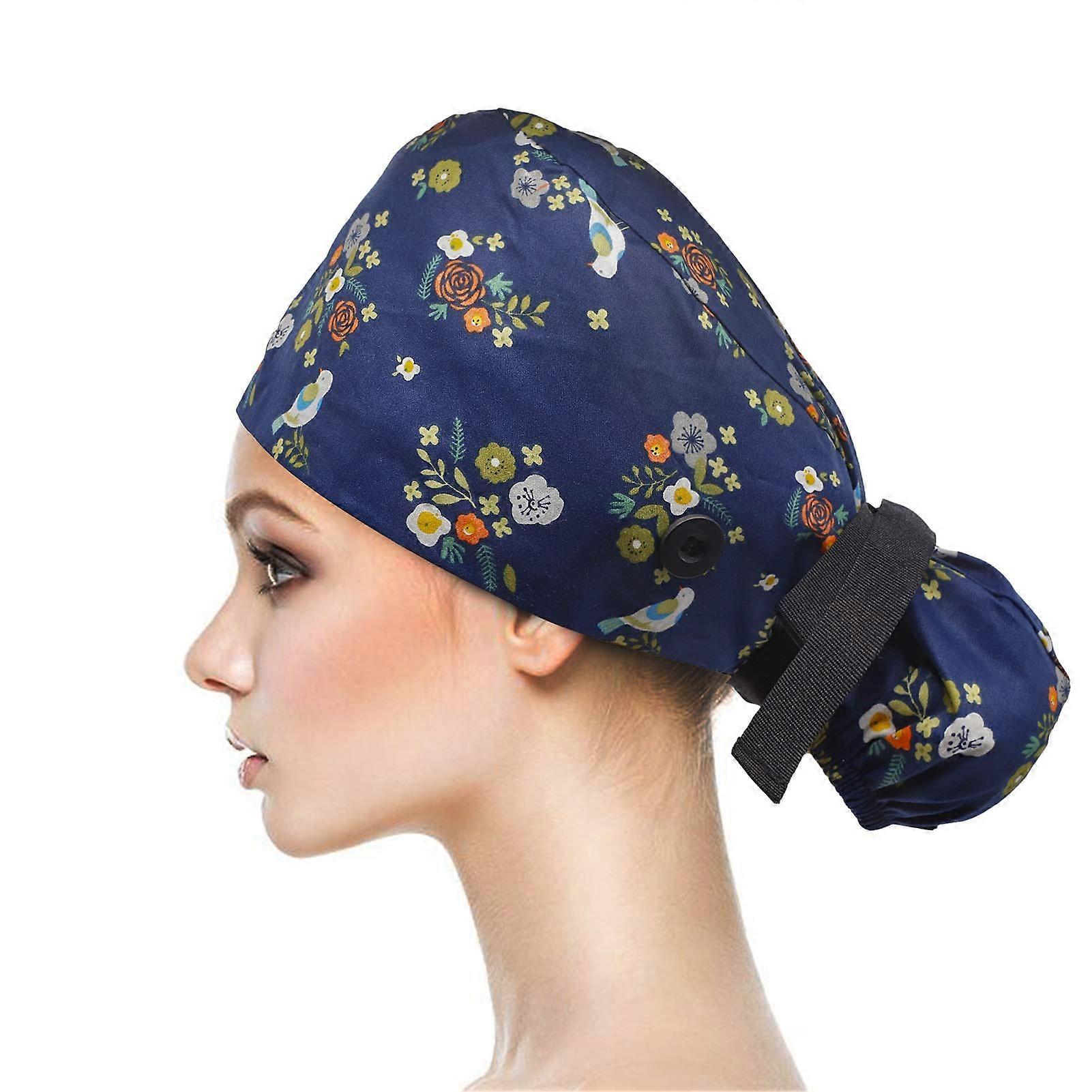Working Cap with Buttons, Breathable Cotton Scrub Cap with Ponytail Pouch and Adjustable Tie Back