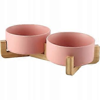 Double bowl with non-slip wooden base 2×400ml ceramic pet food bowl for cats and dogs