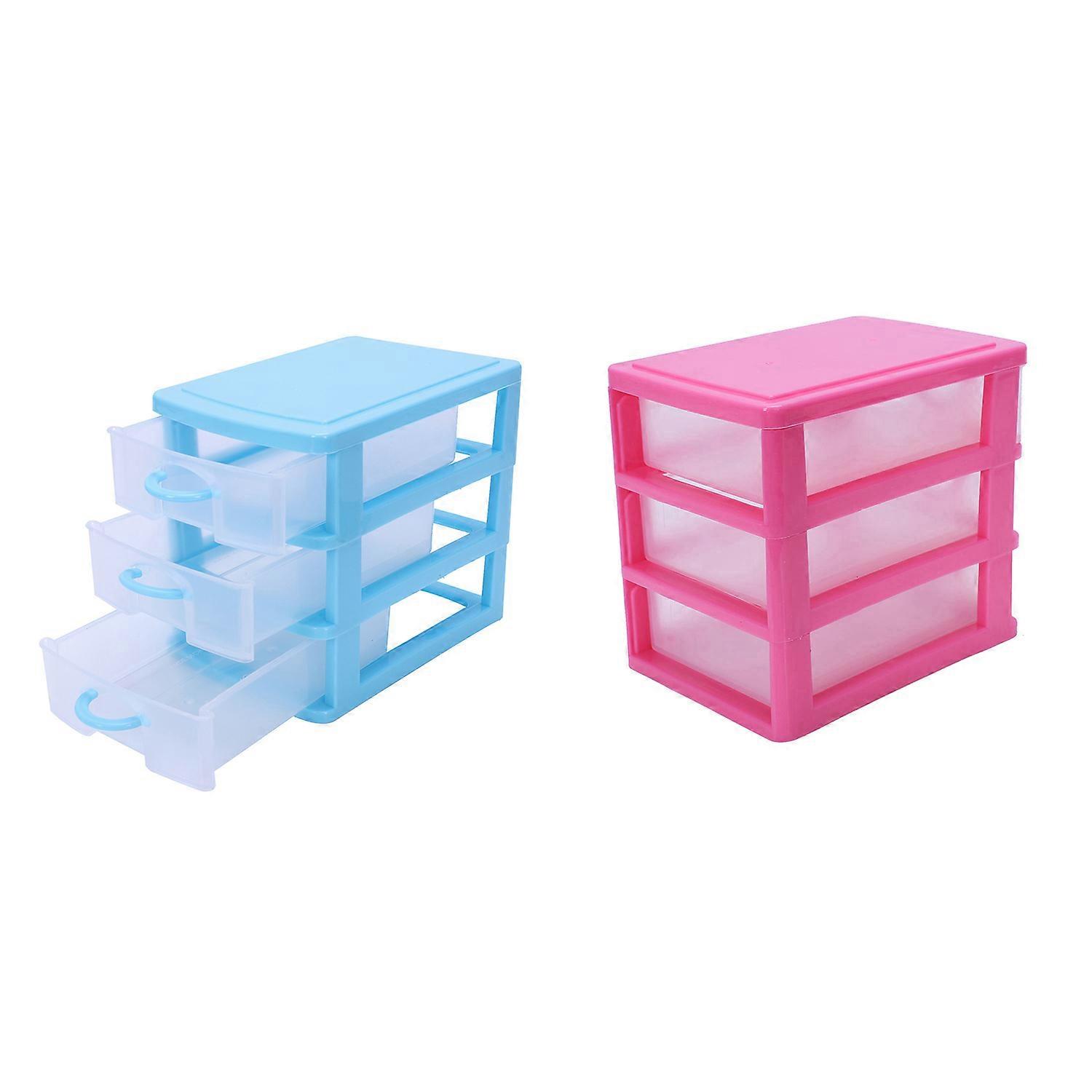 2 Pcs 3 Layers Mini Translucent Drawer Type Plastic Storage Box, Rose Red & Blue