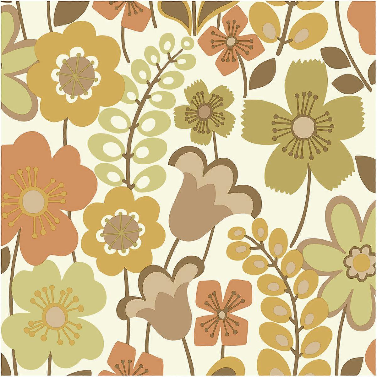 Retro Floral Brown Multi Wallpaper EXCLUSIVE
