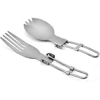 Folding Fork Spoon Set Outdoor Camping Cutlery Portable Titanium Folding Spork and Spoon for Picnic Hiking BBQ Outdoor Travel(2pcs, silver)