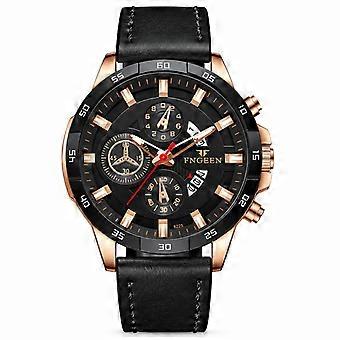 Men's Quartz Watch FNGEEN Black Leather Strap Rose Gold Case Black Dial Rose Gold Markers Chronograph JY
