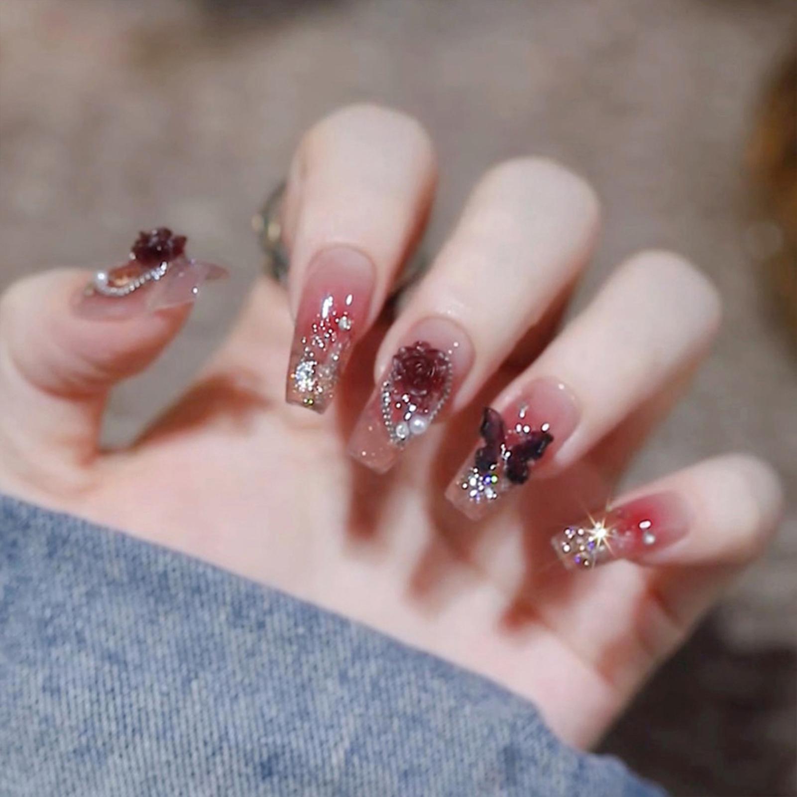 Blush Pink Rose Decor Long False Manicure Charming Com