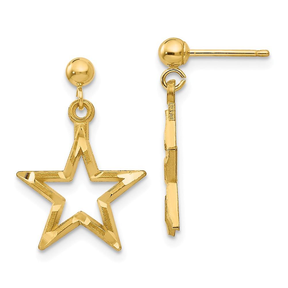 14k Yellow Gold Polished and satin-Polished and Sparkle Cut Star Dangle Post Earrings 21x13mm Wide-Dangle Earring for Wo