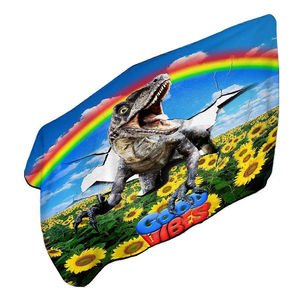 Cool Good Vibes Rainbow Sunflower Field and Raptor Dinosaur Microfiber Beach Towel