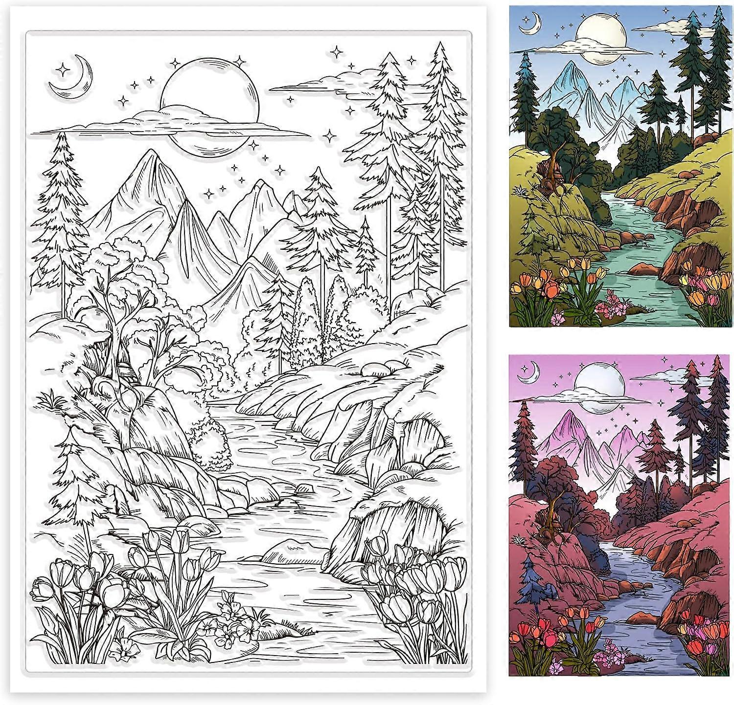 Planet Landscape Background Clear Stamp for Card Making River Tree Clear Silicone Stamp 21x14.8cm Coloring Book Silicone Clear Seal Stamp for DIY Scra