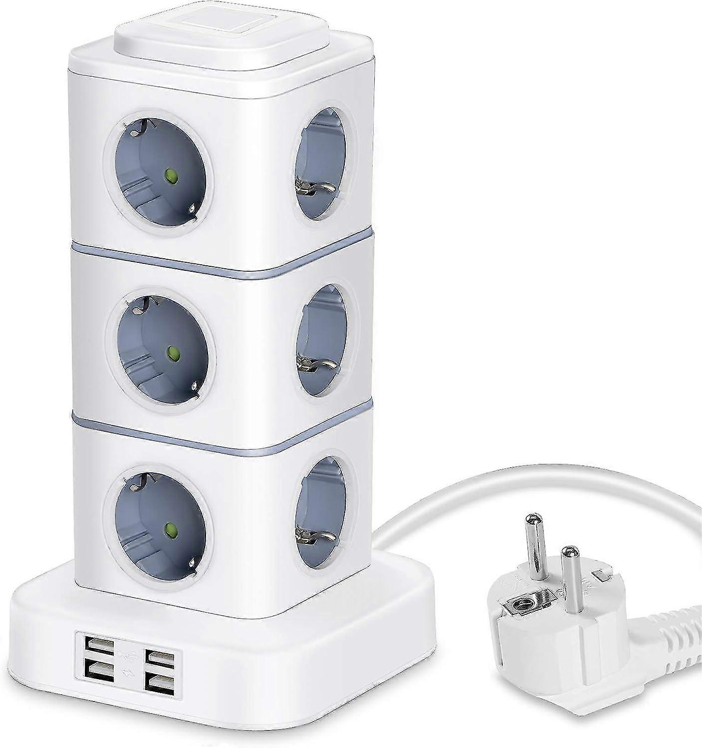 Vertical Power Strip, 12 Power Strip Outlets with 4 USB Ports, Vertical Power Strip with Surge Protector for Home Office, 3m Extension Cord (2500W/10A