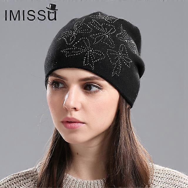 בגדי ריקוד נשים כובעי חורף סרוגים צמר אמיתי Beanie כובע מזדמן עם קשת קריסטל צבעים אחידים סקי גורוס כובע קסקט לנשים