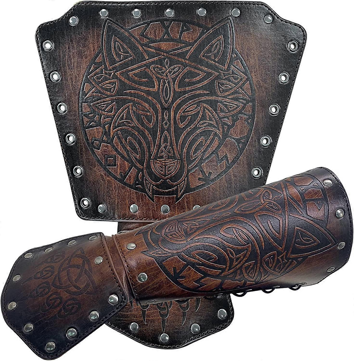 Viking Fenrir Gauntlet Medieval Faux Leather Arm Armor Knight Bracer LARP Halloween Costume