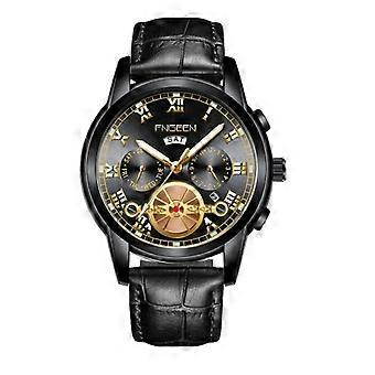 FNGEEN 4001 Men Non-Mechanical Watch Multi-Function Quartz Watch, Colour: Black Leather Black Steel Black Surface