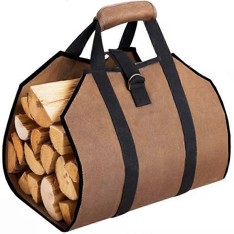 Canvas Log Bag Fireplace Firewood Storage Bag Waterproof Outdoor Wood Carrier with Handles Non-Slip Straps Strong Log Holder Brown