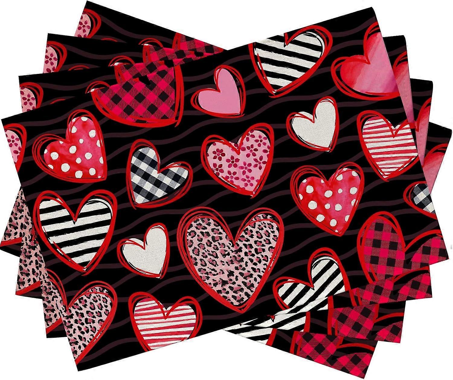 Linki Rouge Noir Saint Valentin coeurs sets de table lot de 4 Buffalo Plaid Check Leopard Stripe Lov