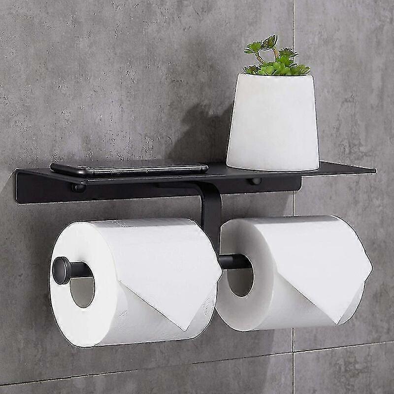 No Drilling Toilet Paper Roll Holder With Mobile Phone Shelf Double Wall Mount For Bathroom (black)